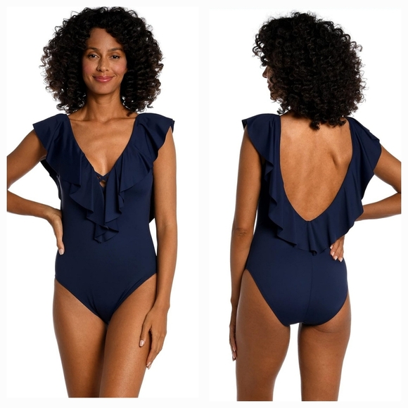La Blanca Ruffled One Piece Swimsuit Navy Blue V-Neck Size 10 NWT - Picture 1 of 8